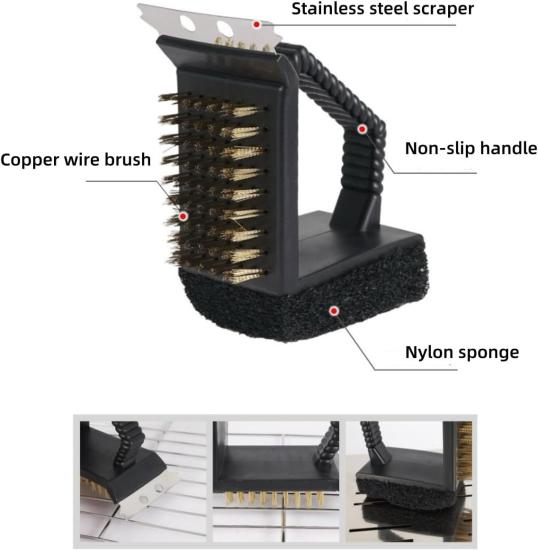 3’ü 1 Arada Barbekü Fırçası ve Kazıyıcı, Paslanmaz Çelik Telleri ve Naylon Süngeri 1057