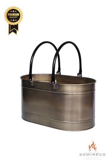 Metal Gold Uzun Oval Kulplu Tasarım Şömine-Soba Odun Depolama Saklama Kovası 55x35x29 CM